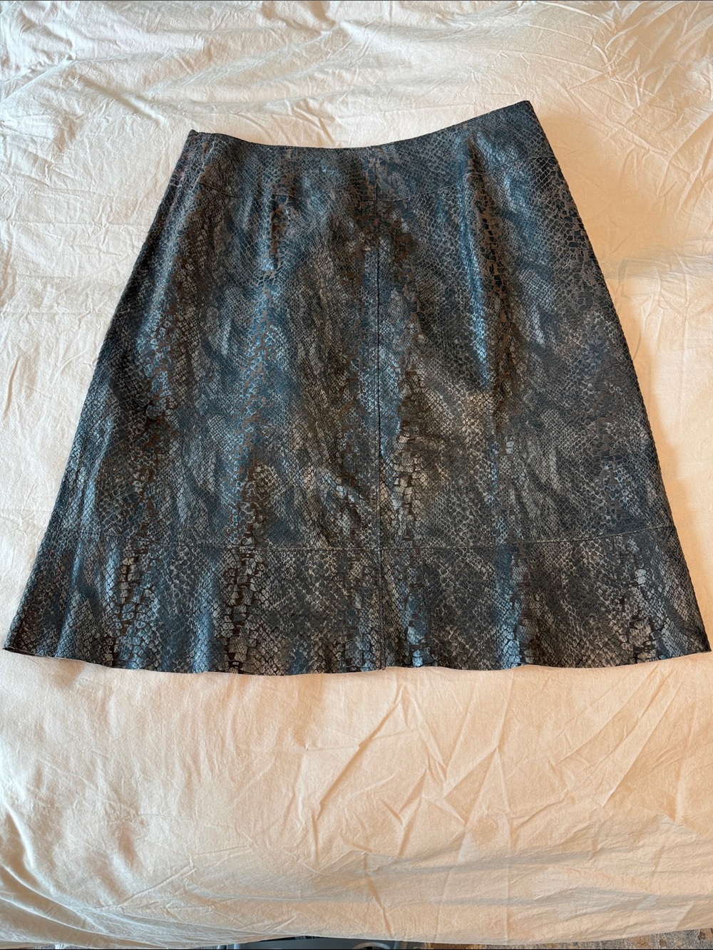 Natural Leather Snakeskin Embossed A-Line Skirt in Brown